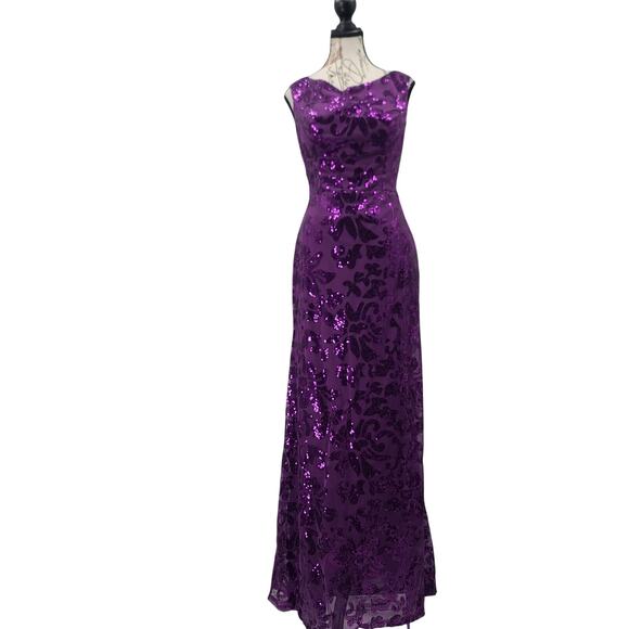 Purple cap sleeve formal floral pattern sequin dress Size 12 Wedding MOTB MOTG - Picture 2 of 12